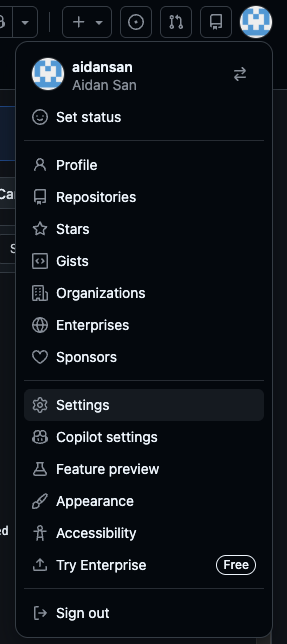 GitHub profile dropdown menu with Settings option