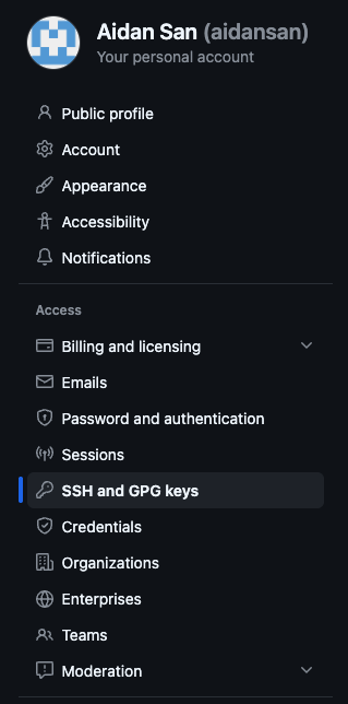 GitHub settings sidebar with SSH and GPG keys option